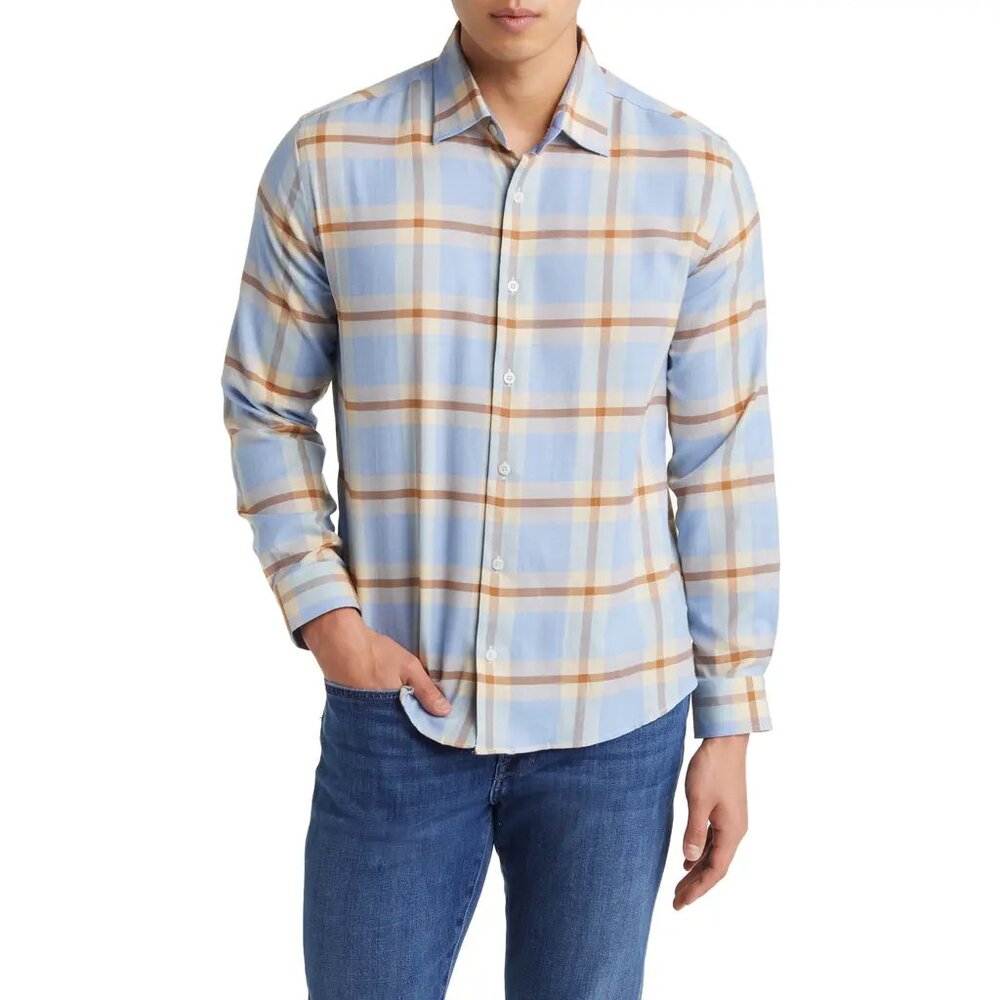 NWT $158 Blue / Tan Tartan Plaid Shirt STONE ROSE M